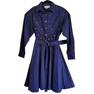 D. Frank Vintage 80's Navy Blue Silver Bedazzled Fringes Western Rodeo Dress 8